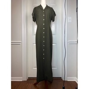 Lauren Ralph Lauren Olive Green 100% Silk Button Front Maxi Dress Size 10